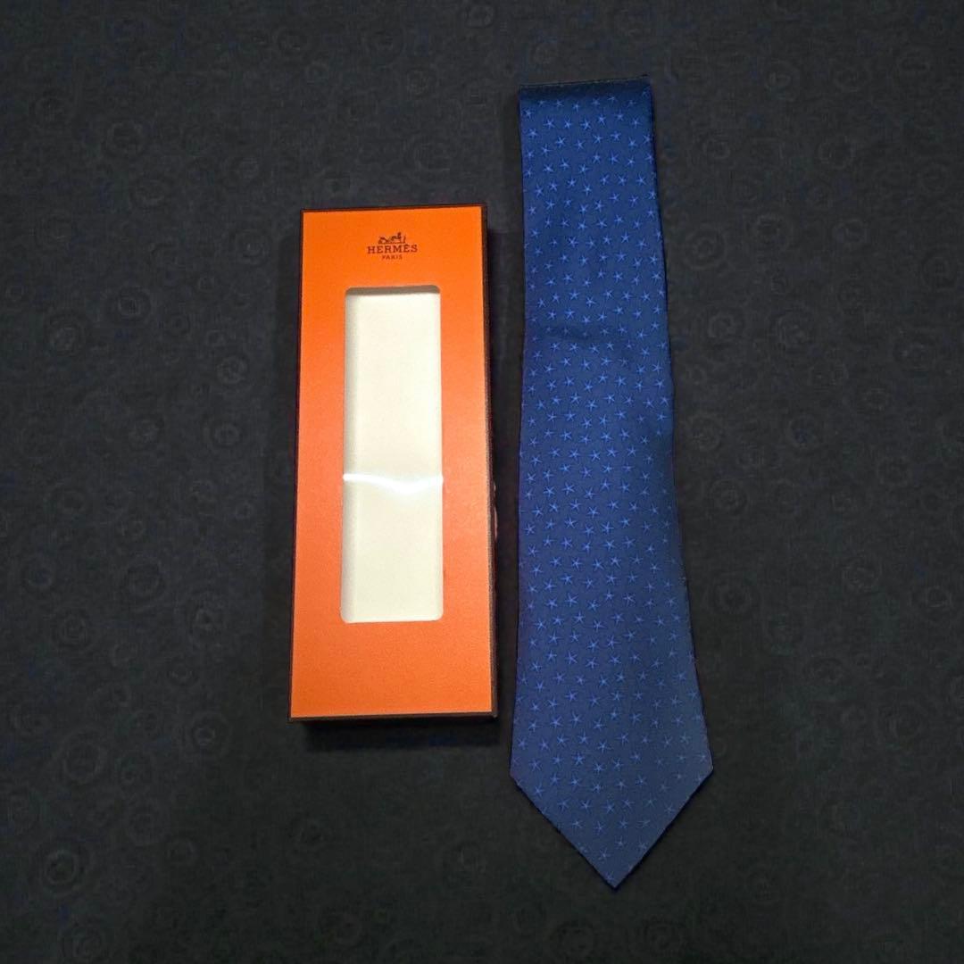 新品 エルメス スターフィッシュ柄 シルクネクタイ 上品ブルー 箱付き