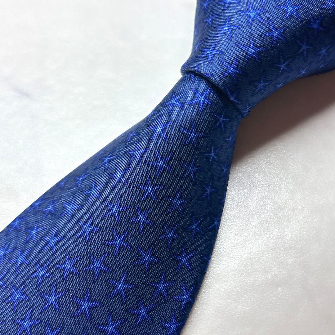 新品 エルメス スターフィッシュ柄 シルクネクタイ 上品ブルー 箱付き