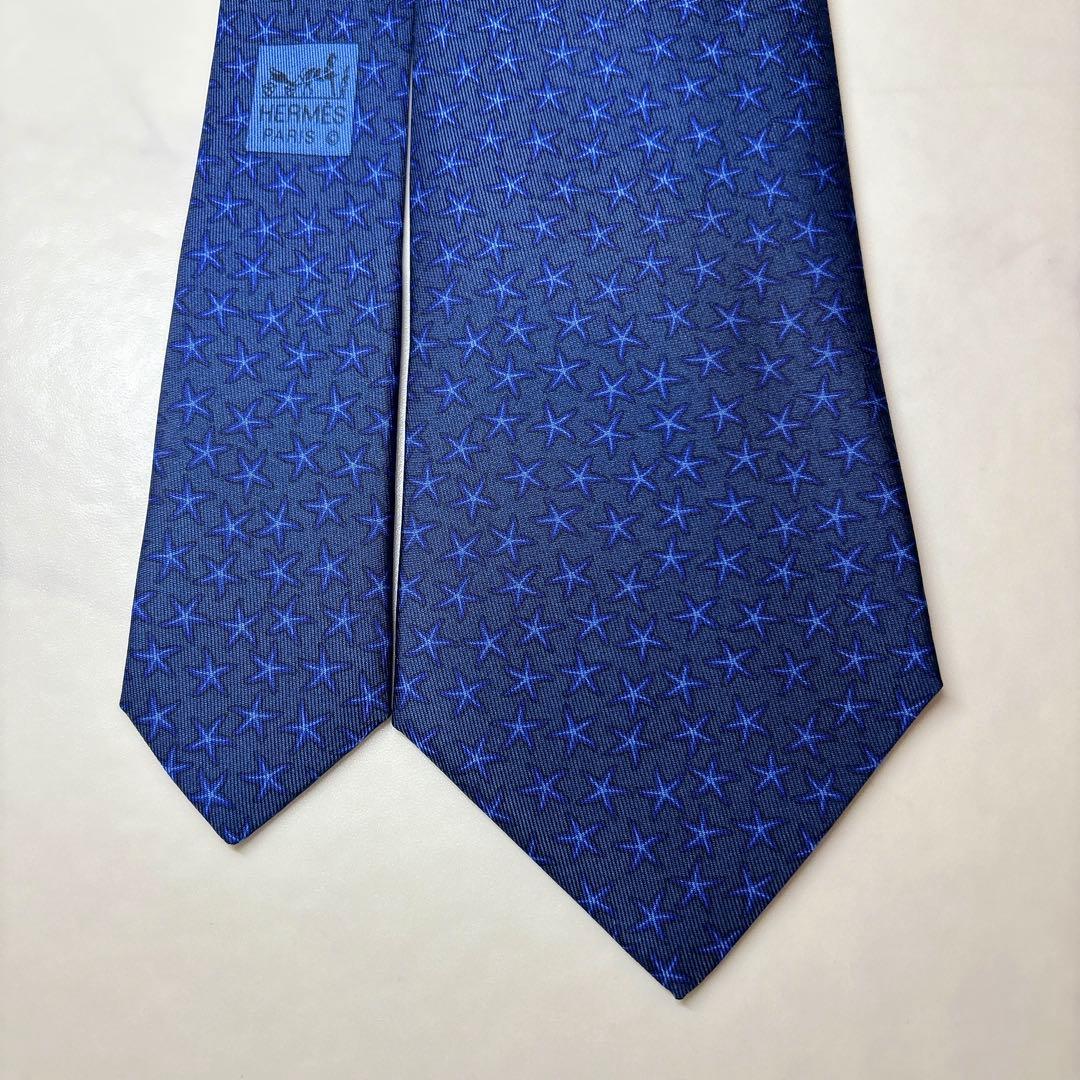 新品 エルメス スターフィッシュ柄 シルクネクタイ 上品ブルー 箱付き