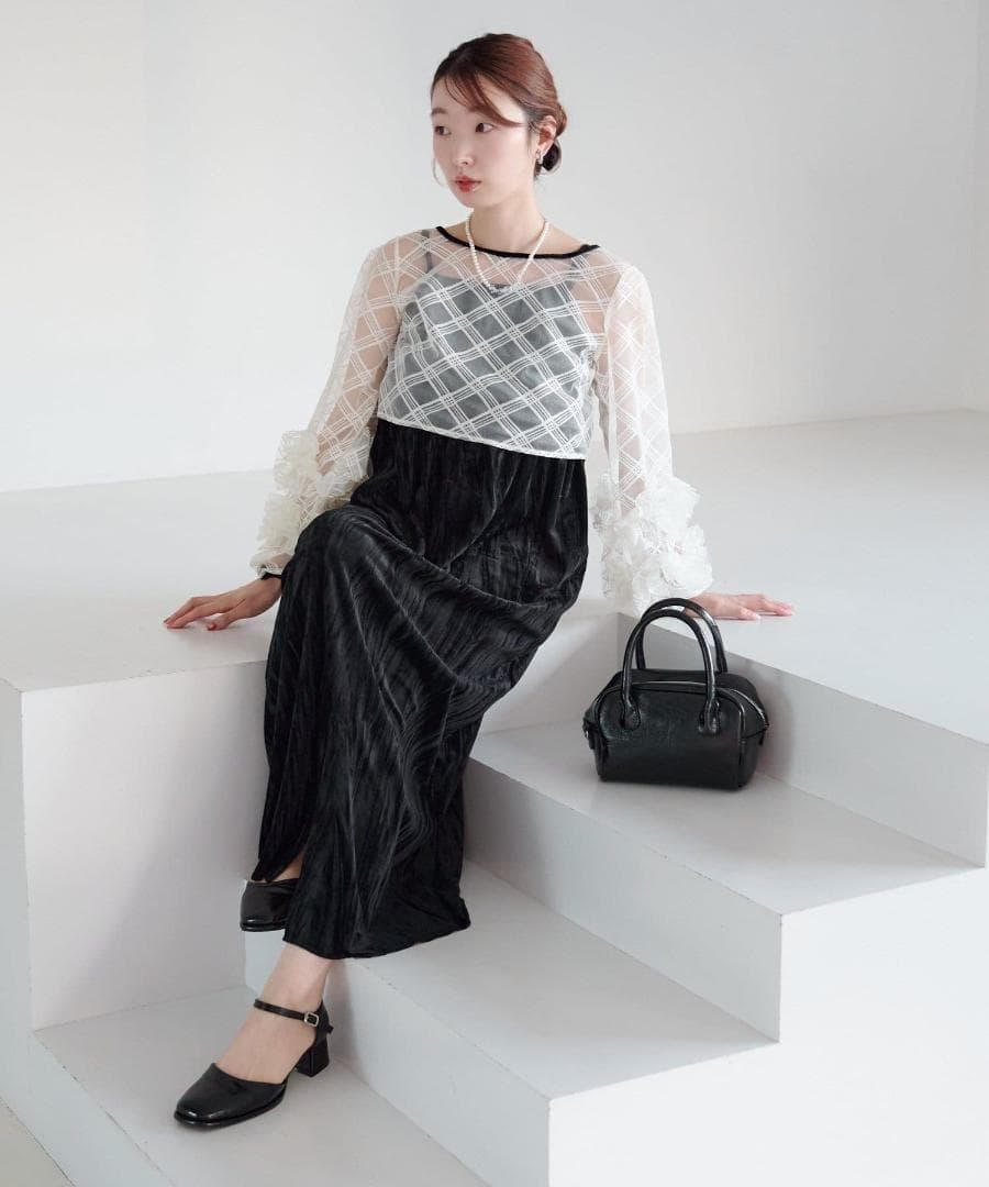 0 新品 カスタネ 結婚式 オケージョン シアーチェック×ベロアワンピースSET