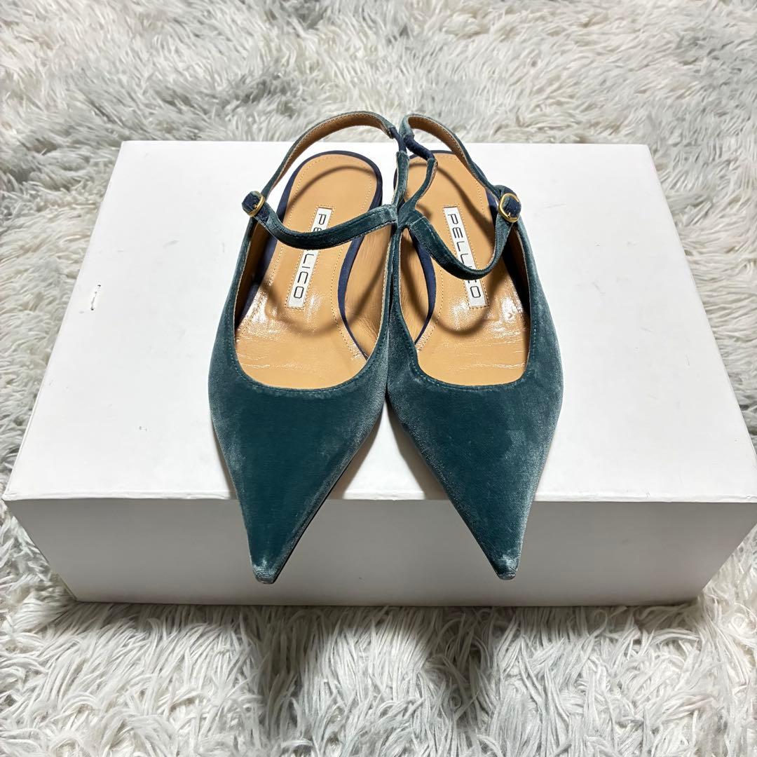 【美品】PELLICO バックスリング パンプス 青 38〈定価64,900円〉