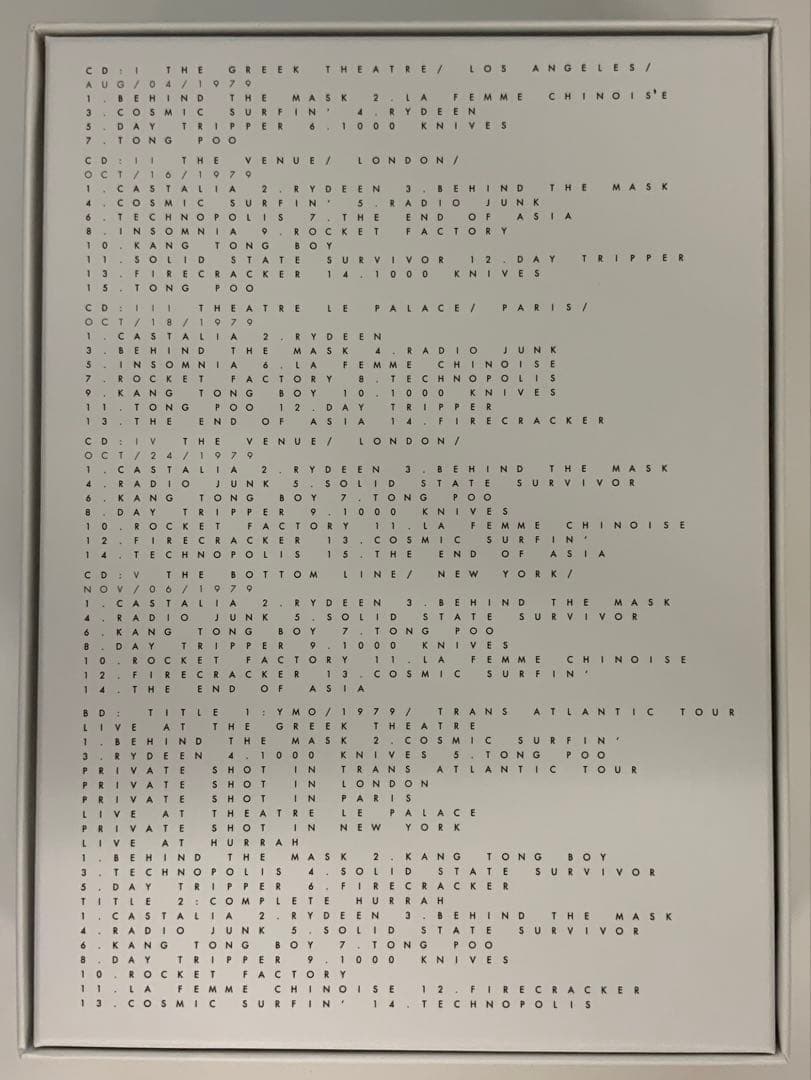 美品ピン付　YMO 1979 TRANS ATLANTIC TOUR LIVE