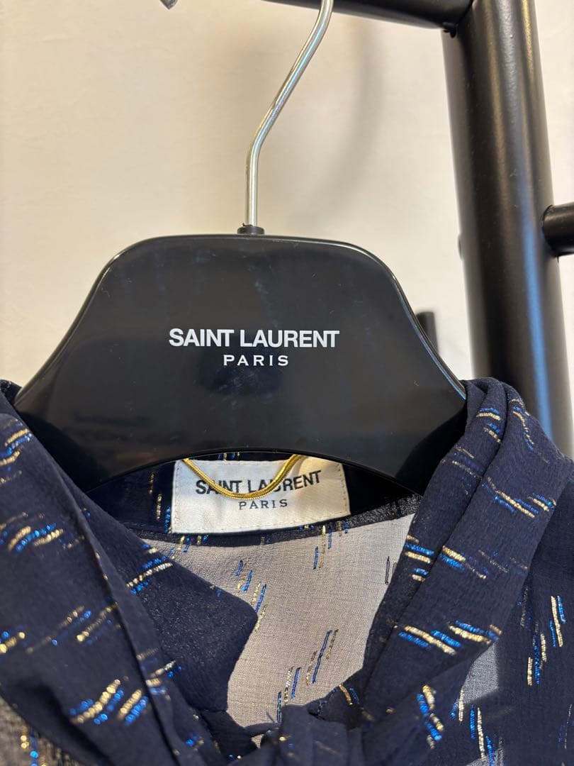 〈底値〉【SAINT LAURENT】ネイビー シースルーロングドレス