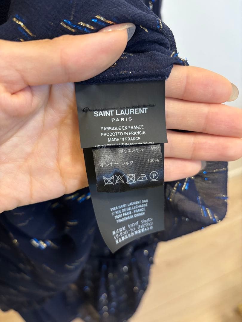 〈底値〉【SAINT LAURENT】ネイビー シースルーロングドレス