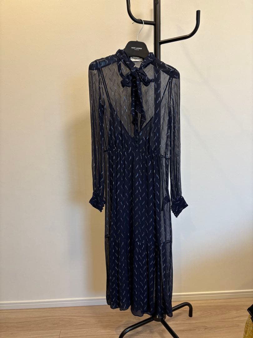 〈底値〉【SAINT LAURENT】ネイビー シースルーロングドレス
