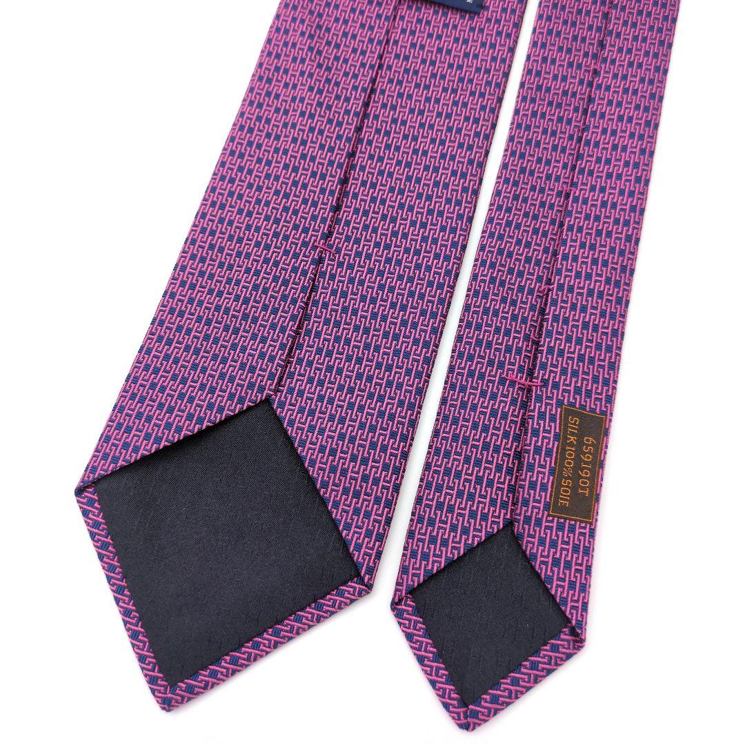【美品】エルメス ネクタイ ピンク ネイビー H柄 ジャガード 高級 フランス製