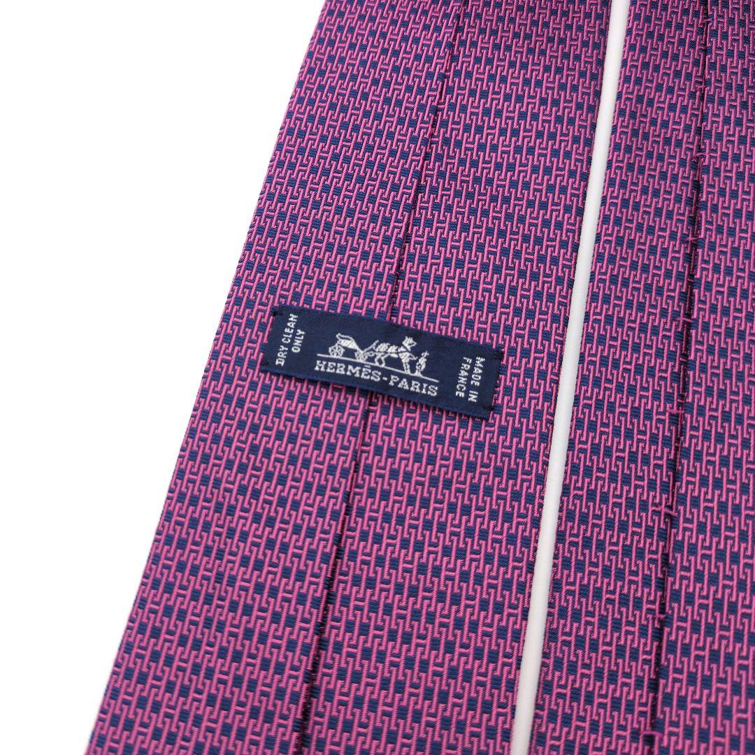 【美品】エルメス ネクタイ ピンク ネイビー H柄 ジャガード 高級 フランス製