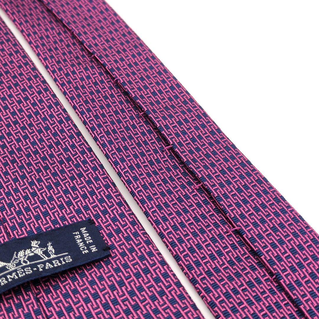 【美品】エルメス ネクタイ ピンク ネイビー H柄 ジャガード 高級 フランス製