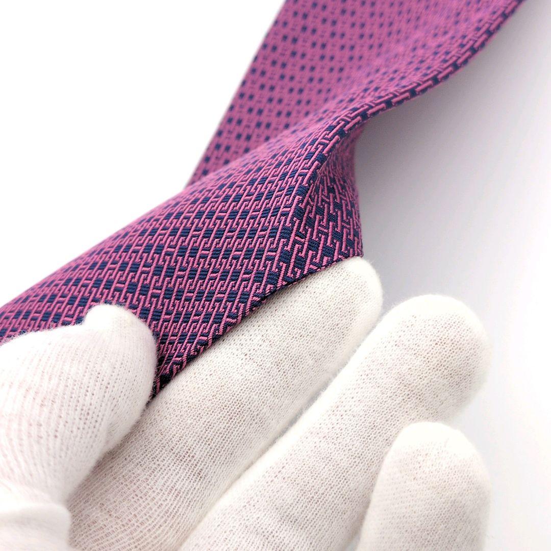 【美品】エルメス ネクタイ ピンク ネイビー H柄 ジャガード 高級 フランス製