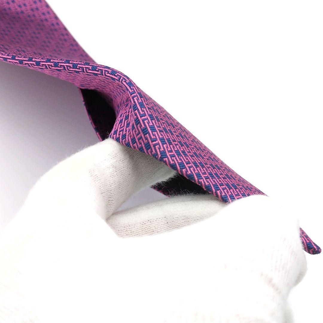 【美品】エルメス ネクタイ ピンク ネイビー H柄 ジャガード 高級 フランス製