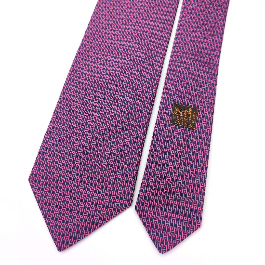 【美品】エルメス ネクタイ ピンク ネイビー H柄 ジャガード 高級 フランス製