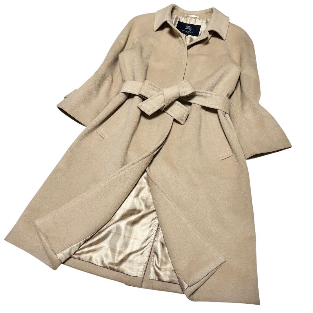 美品 バーバリー アンゴラウール ロングコート ベルト ベージュ ノバチェック