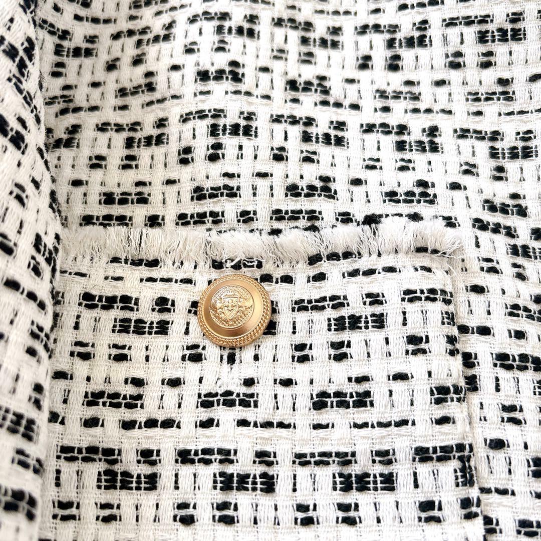 タグ付き新品　ガリャルダガランテ　ノーカラーツイードジャケット 白×黒　F