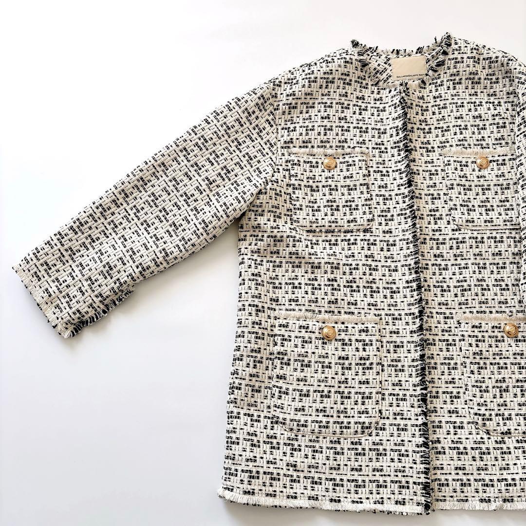 タグ付き新品　ガリャルダガランテ　ノーカラーツイードジャケット 白×黒　F
