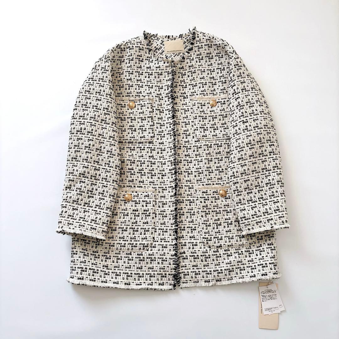 タグ付き新品　ガリャルダガランテ　ノーカラーツイードジャケット 白×黒　F