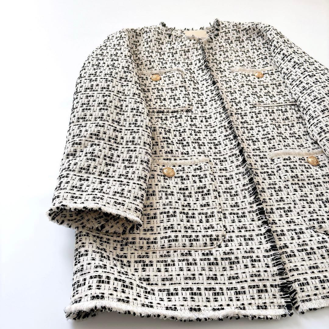 タグ付き新品　ガリャルダガランテ　ノーカラーツイードジャケット 白×黒　F