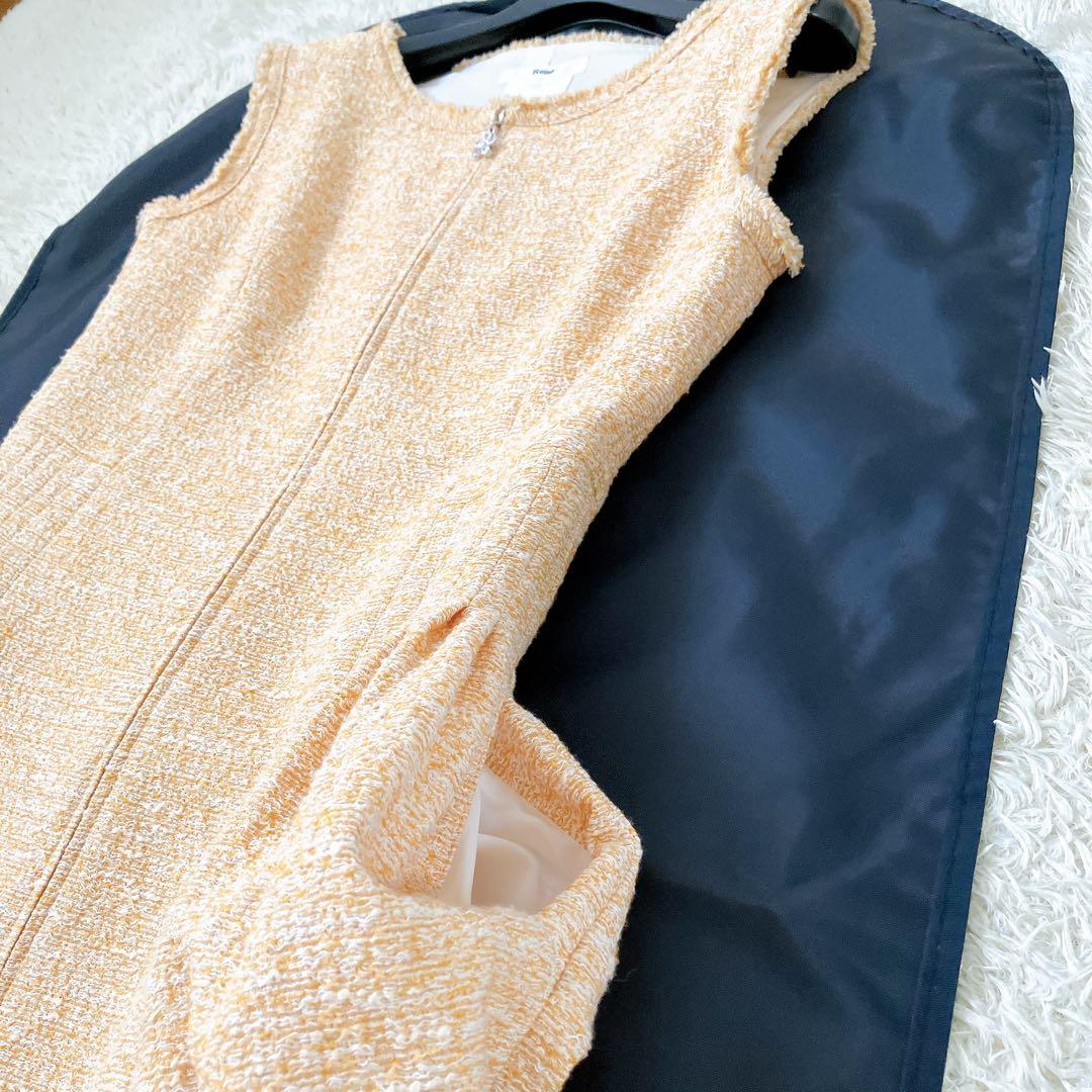 美品✨ツイードワンピース ダブルジップ ビジュー 34 オレンジ系 前開き