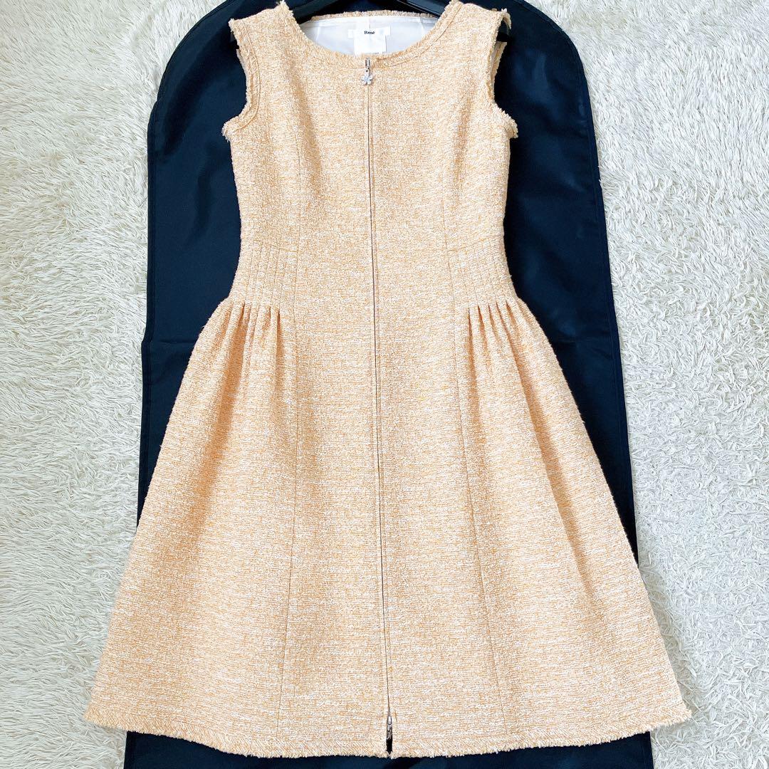 美品✨ツイードワンピース ダブルジップ ビジュー 34 オレンジ系 前開き