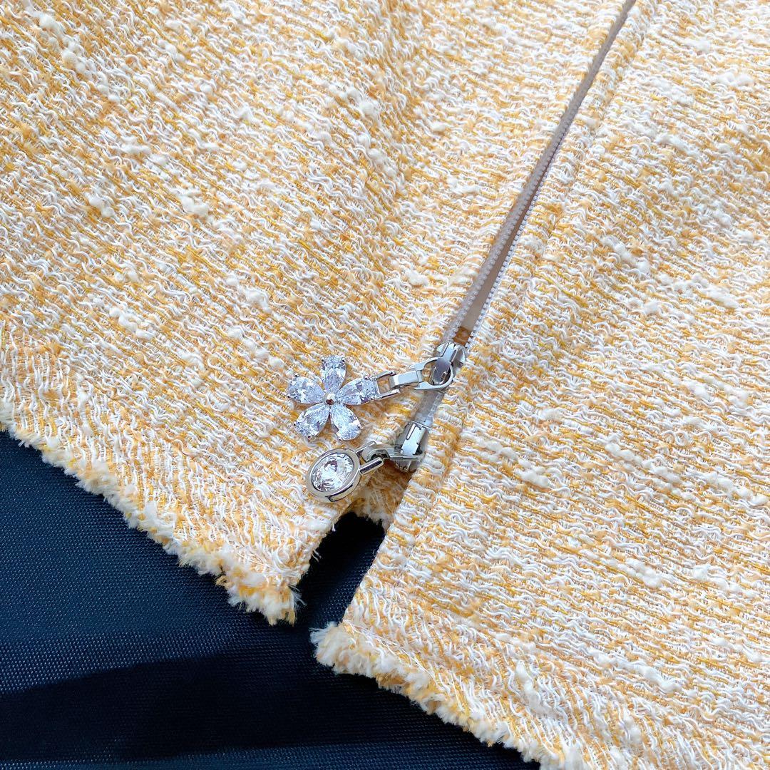 美品✨ツイードワンピース ダブルジップ ビジュー 34 オレンジ系 前開き