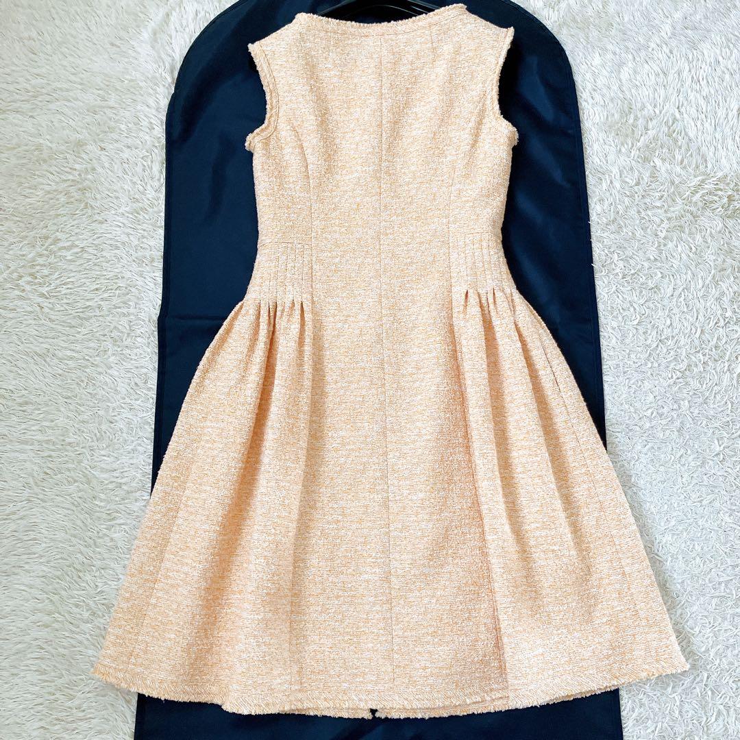 美品✨ツイードワンピース ダブルジップ ビジュー 34 オレンジ系 前開き