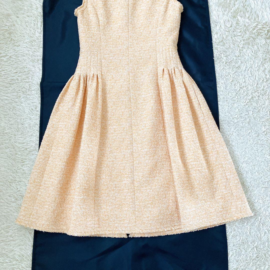 美品✨ツイードワンピース ダブルジップ ビジュー 34 オレンジ系 前開き