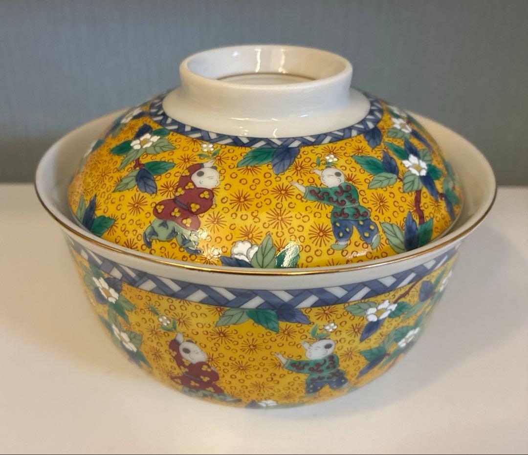 ミ*ク様 翔山窯　黄地唐子　蓋付き丼ぶり揃　5客　色絵　どんぶり　雑煮碗　中鉢