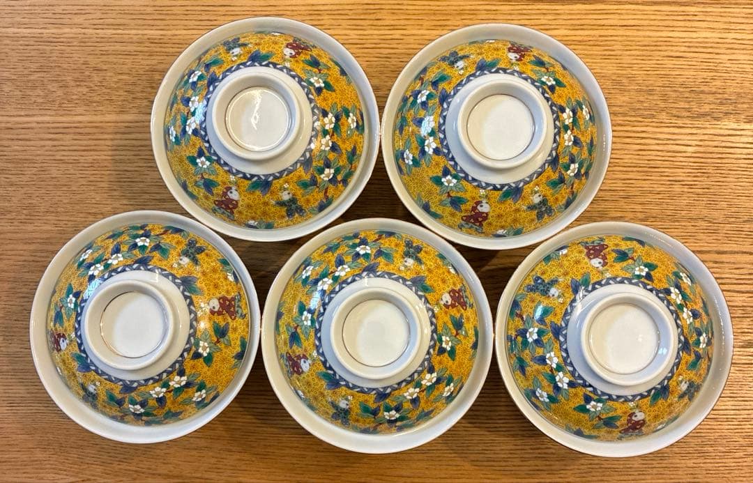 ミ*ク様 翔山窯　黄地唐子　蓋付き丼ぶり揃　5客　色絵　どんぶり　雑煮碗　中鉢