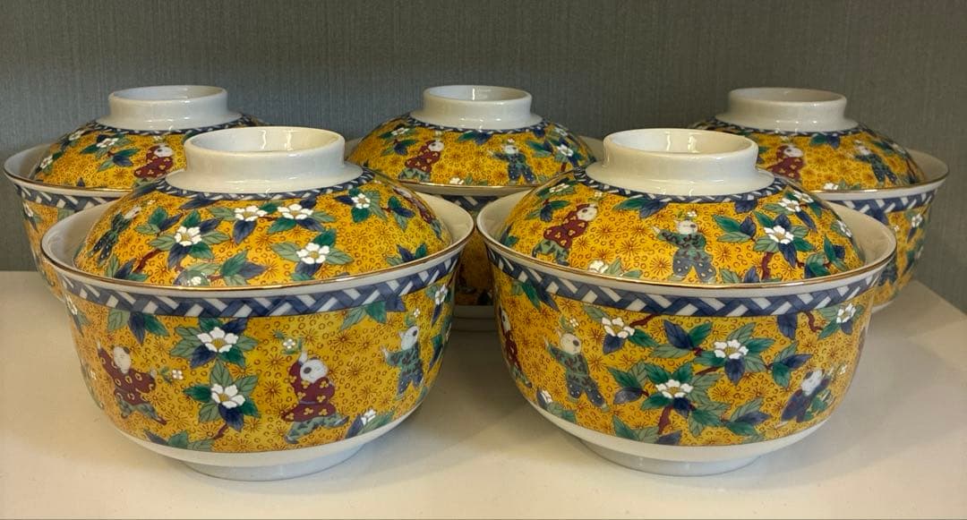 ミ*ク様 翔山窯　黄地唐子　蓋付き丼ぶり揃　5客　色絵　どんぶり　雑煮碗　中鉢