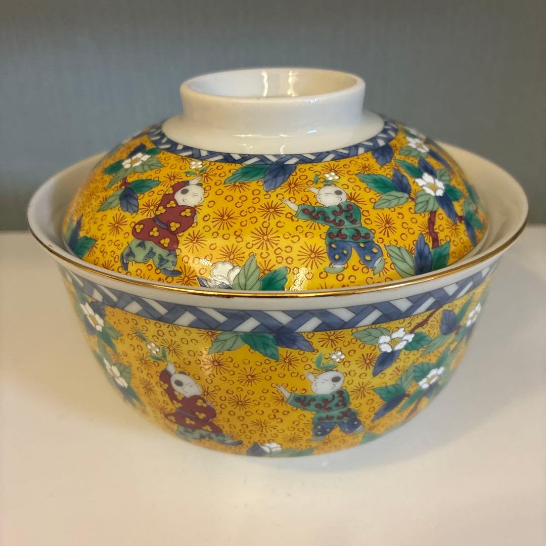 ミ*ク様 翔山窯　黄地唐子　蓋付き丼ぶり揃　5客　色絵　どんぶり　雑煮碗　中鉢