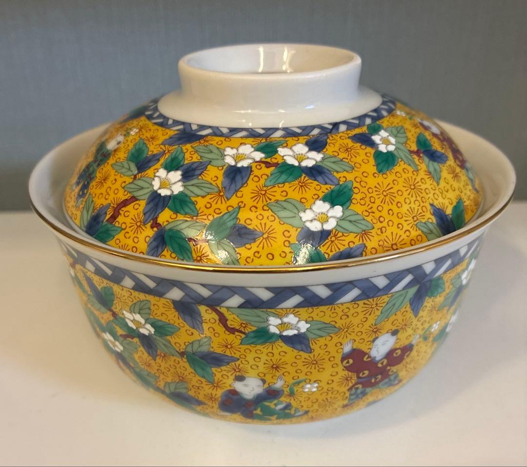 ミ*ク様 翔山窯　黄地唐子　蓋付き丼ぶり揃　5客　色絵　どんぶり　雑煮碗　中鉢