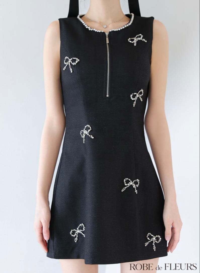 ROBEdeFLEURSノースリーブ ビジュー ジップデザイン リボンフレアミニ