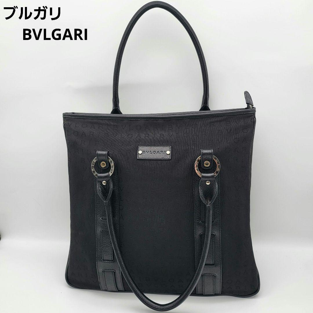 ブルガリ ロゴマニア トートバッグ ハンドバッグ ブラック キャンバス レザー