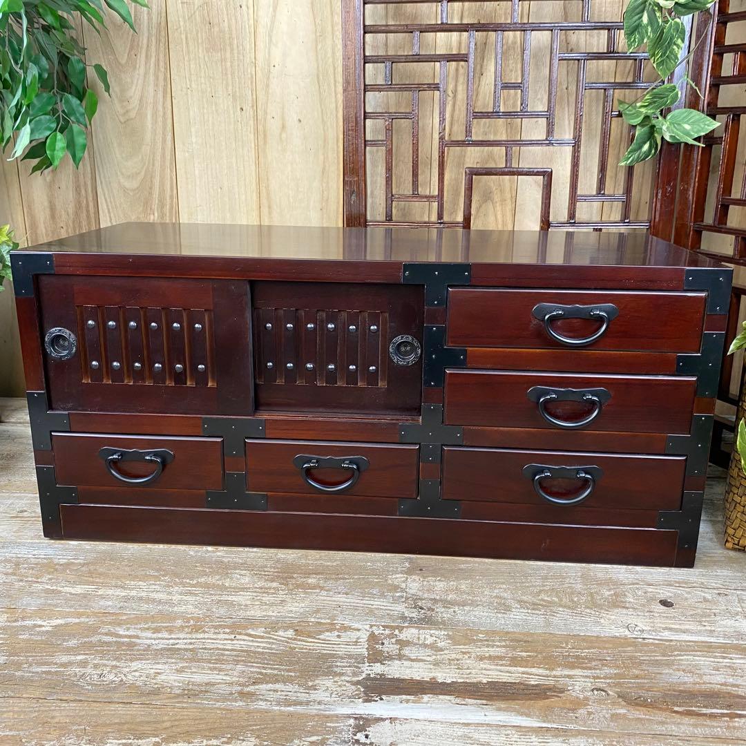 人気再入荷！民芸家具桐材天然無垢和引き戸付きチェスト横長テレビ台飾り棚収納和箪笥