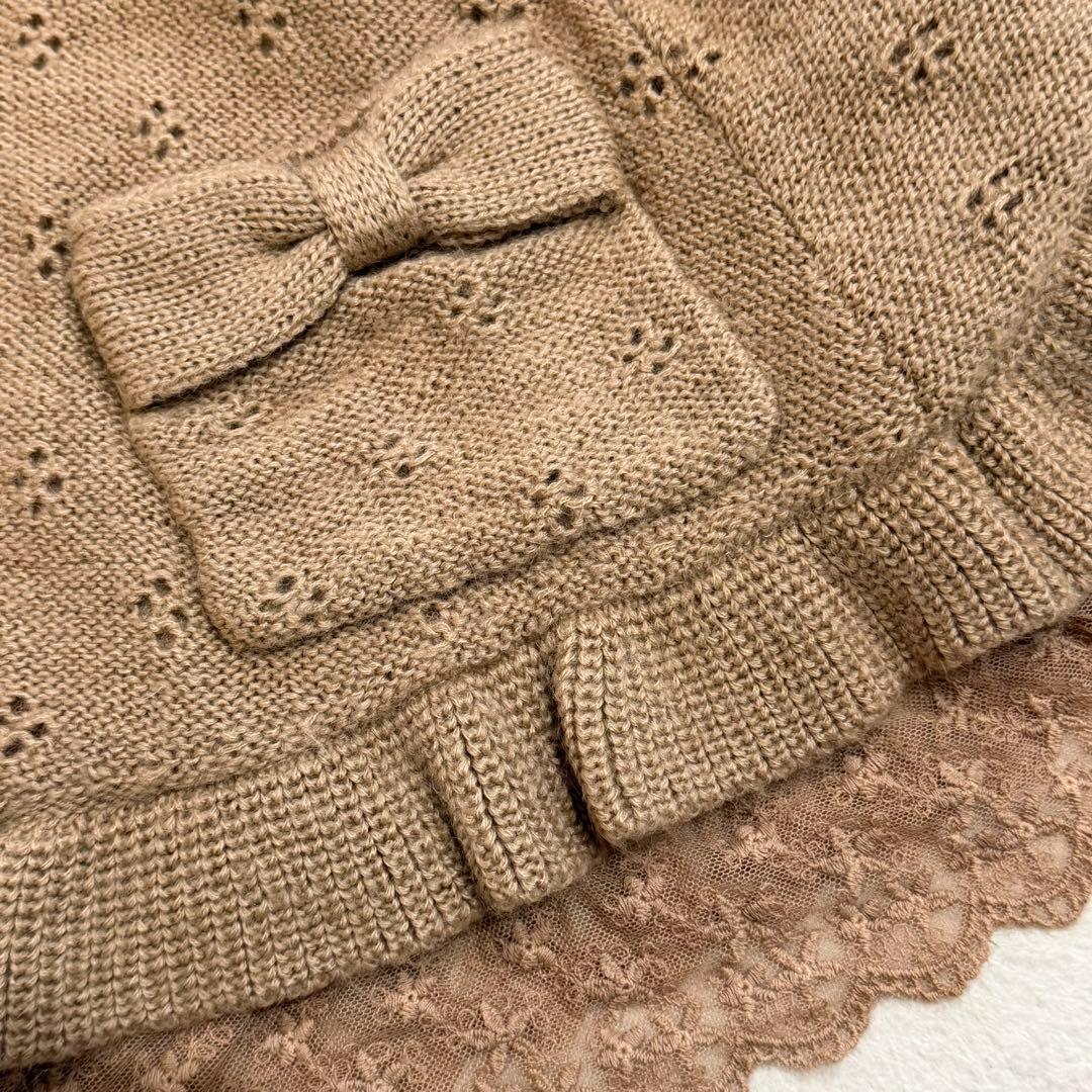 ピンクハウス　ラビットファーレース付きケープポンチョ　ニット　裏ボア　リボン