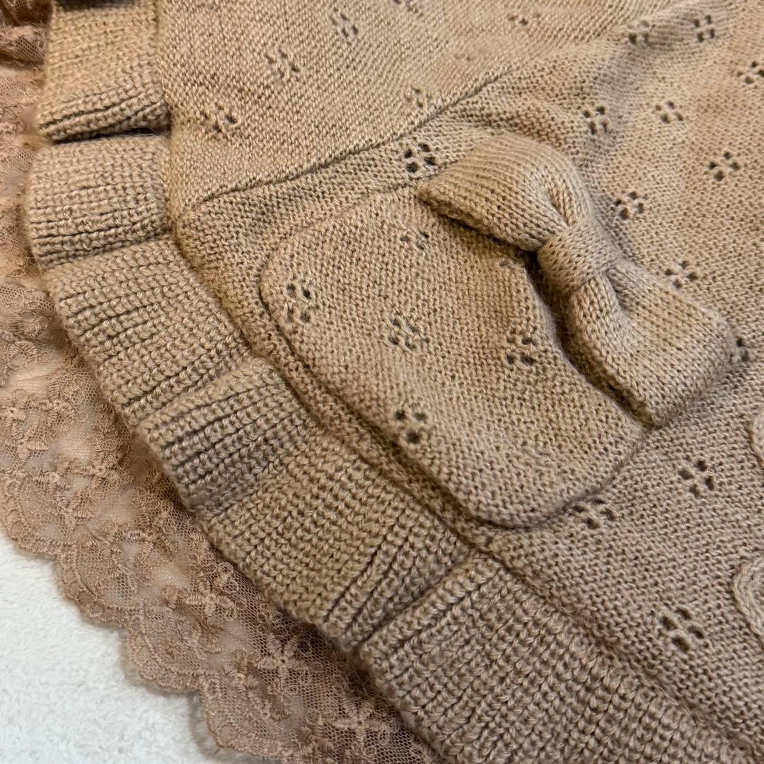 ピンクハウス　ラビットファーレース付きケープポンチョ　ニット　裏ボア　リボン