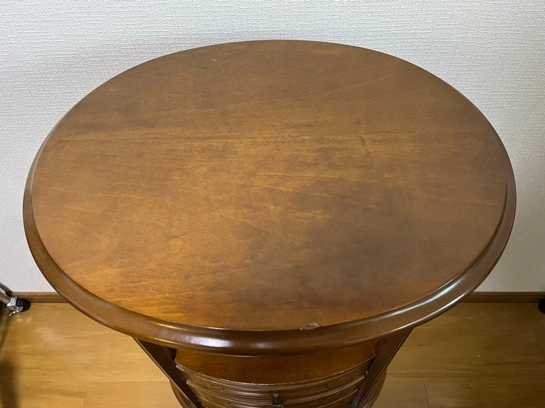 アンティーク調 木製サイドチェスト 4段引き出し 丸テーブル コンソールテーブル