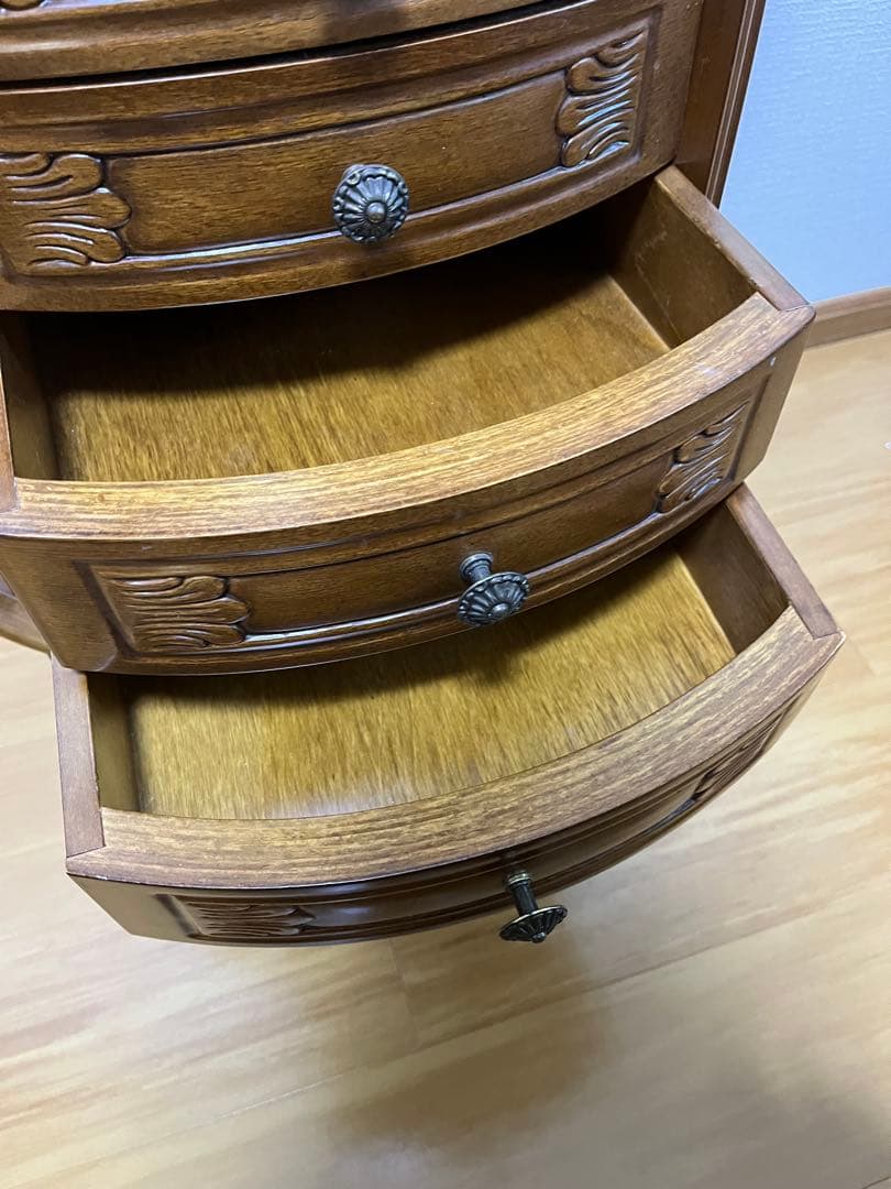 アンティーク調 木製サイドチェスト 4段引き出し 丸テーブル コンソールテーブル