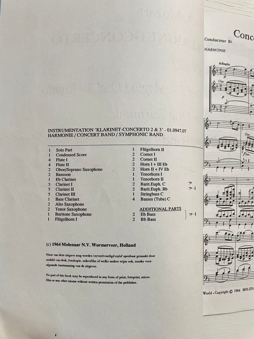 モーツァルト クラリネット協奏曲　KV622 吹奏楽楽譜 Deel2 Deel3