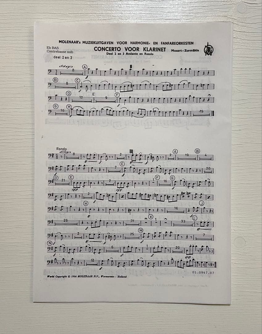 モーツァルト クラリネット協奏曲　KV622 吹奏楽楽譜 Deel2 Deel3