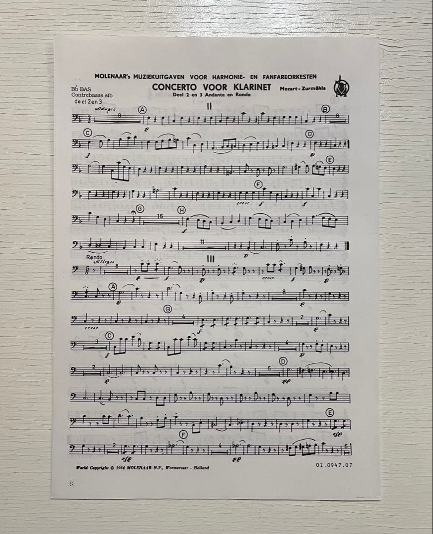 モーツァルト クラリネット協奏曲　KV622 吹奏楽楽譜 Deel2 Deel3