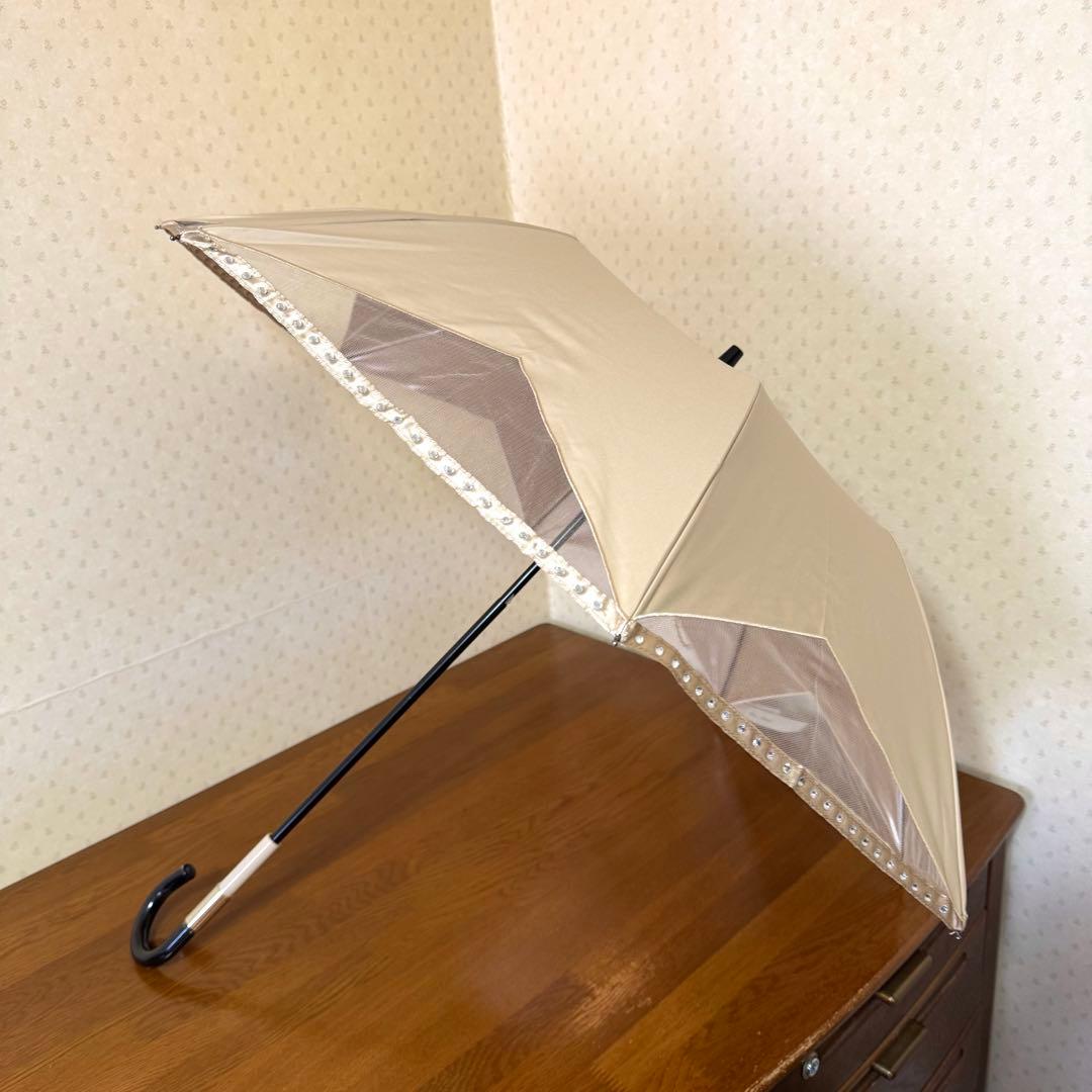 ★新品★サンドレス　晴雨兼用　日傘　楽折　１級遮光　クリスタルビジュー　ベージュ