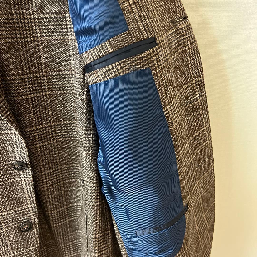 バルバ BARBA シルク・カシミヤ混 ウールジャケット 茶グレンチェック 46