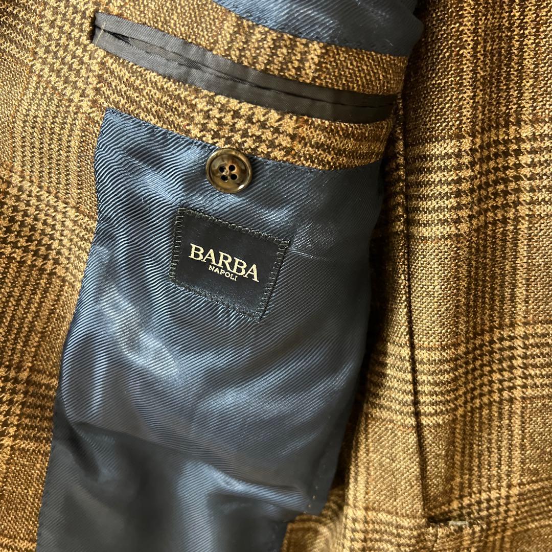 バルバ BARBA シルク・カシミヤ混 ウールジャケット 茶グレンチェック 46
