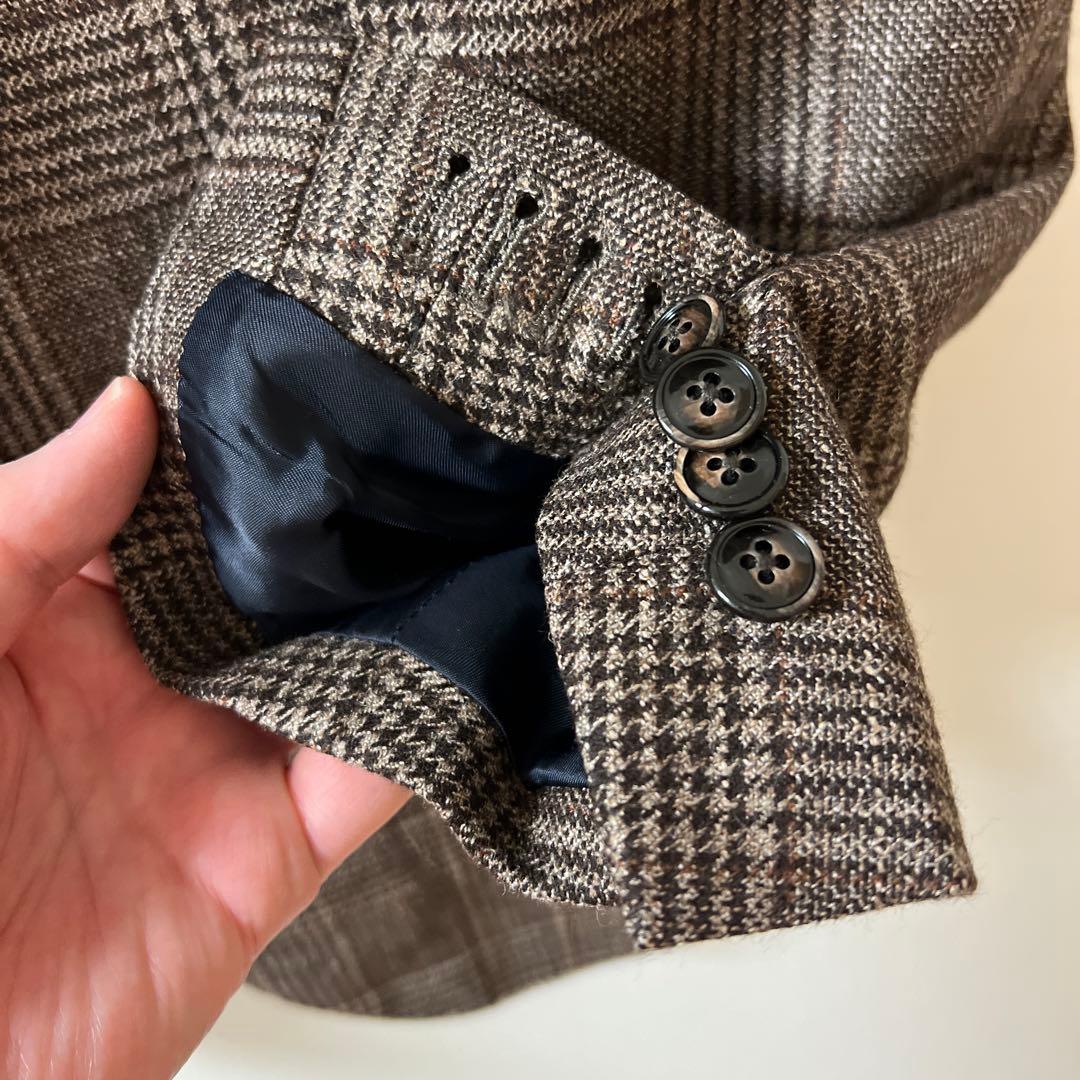 バルバ BARBA シルク・カシミヤ混 ウールジャケット 茶グレンチェック 46