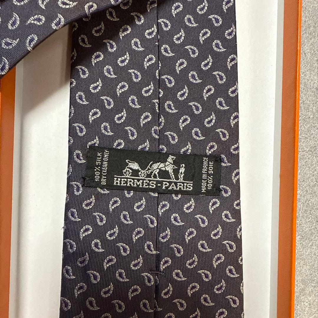 美品　エルメス　ネクタイ　グレー・紫　ペイズリー柄　シルクジャガード