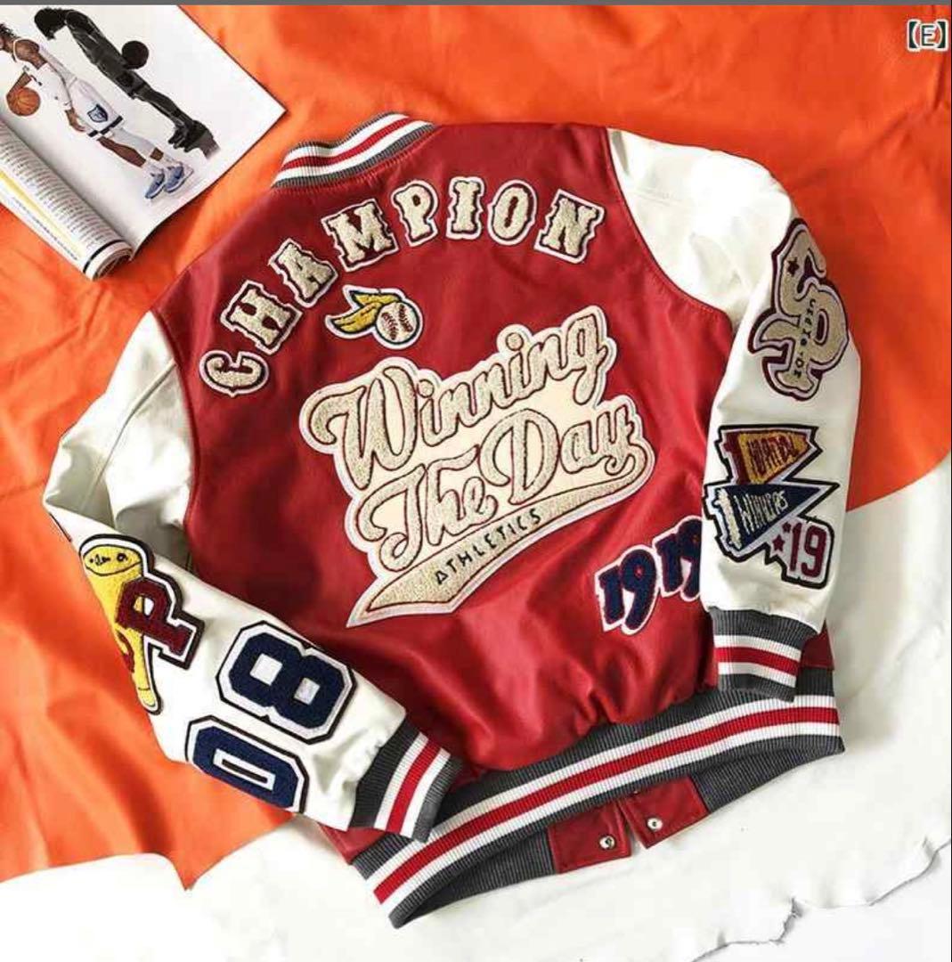 中綿入り スタジャン 赤/白 刺繍 パッチ付き