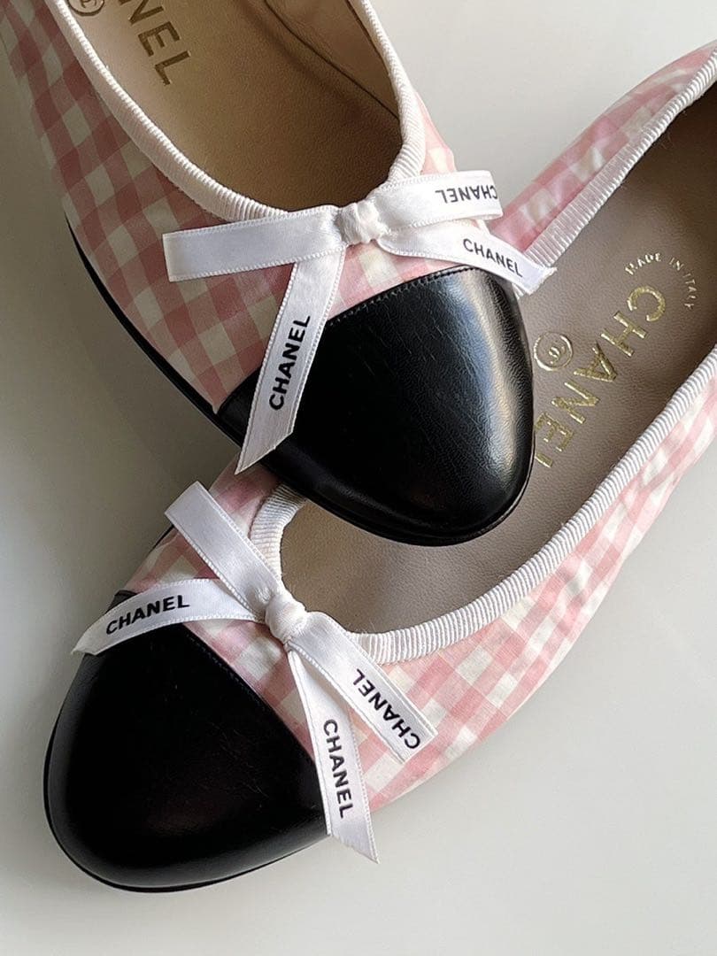 CHANEL シャネル　ギンガム　チェック リボン　フラットシューズ　バレリーナ