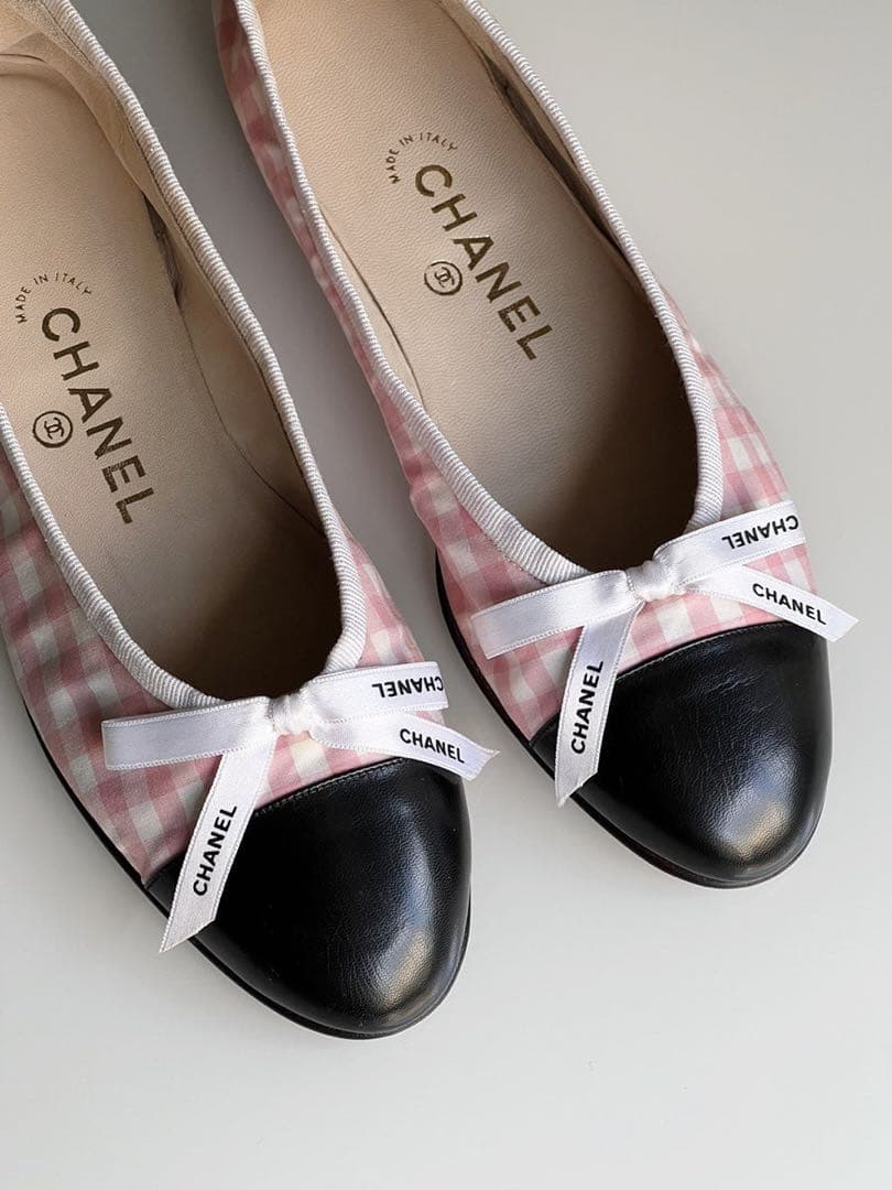 CHANEL シャネル　ギンガム　チェック リボン　フラットシューズ　バレリーナ
