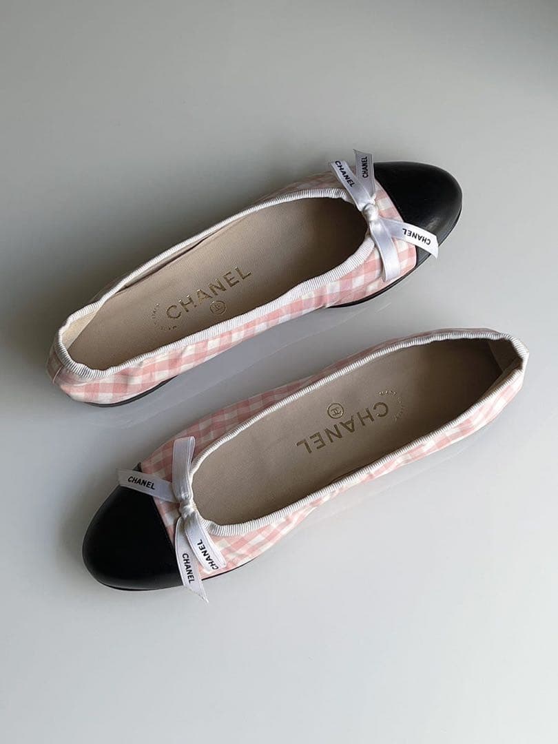 CHANEL シャネル　ギンガム　チェック リボン　フラットシューズ　バレリーナ