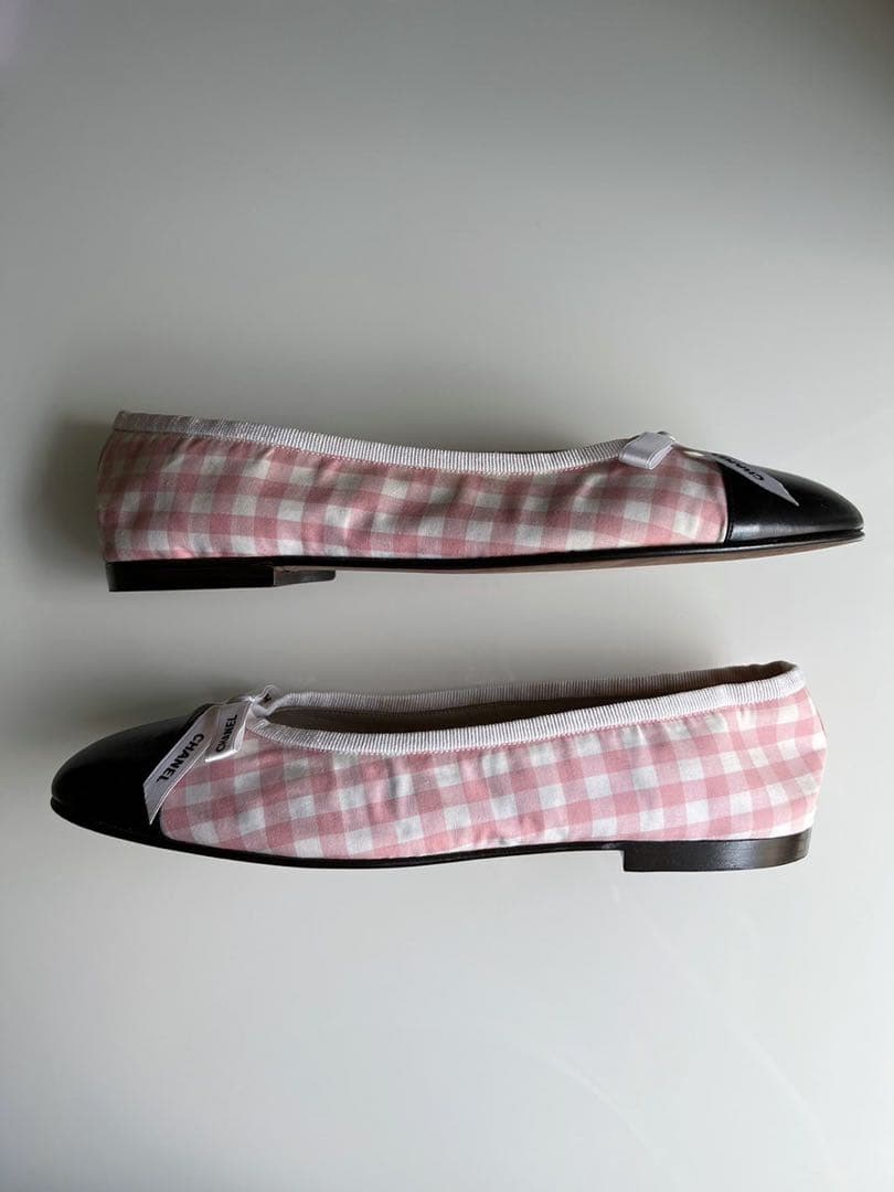CHANEL シャネル　ギンガム　チェック リボン　フラットシューズ　バレリーナ